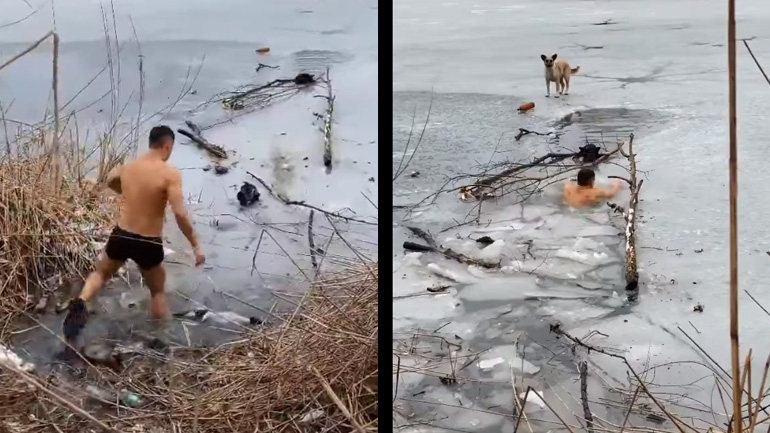 Άνδρας διασώζει σκύλο από παγωμένο ποτάμι